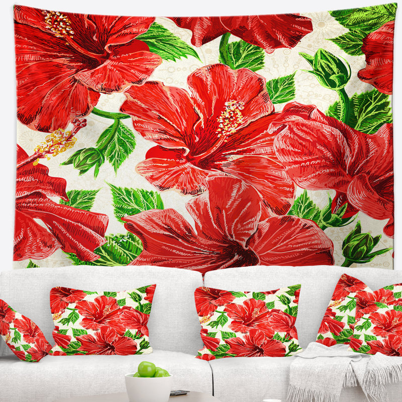 Tapisserie fleur hibiscus en polyester sans soudure avec accessoires suspendus inclus, 50" H x 60" W