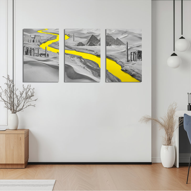 Ensemble de 3 tableaux sur toile représentant des paysages égyptiens avec le fleuve Jaune, 1218