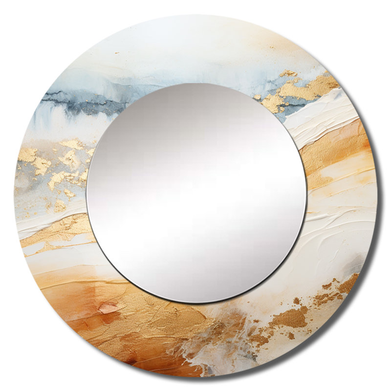 Or et bleu plage sable Fusion III - miroir mural unique côtier, miroir rond côtier, impression d'art en métal, 36 po x 36 po