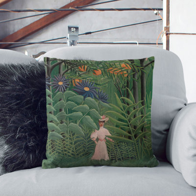 Woman Walking In An Exotic Forest Square Throw Cushion
