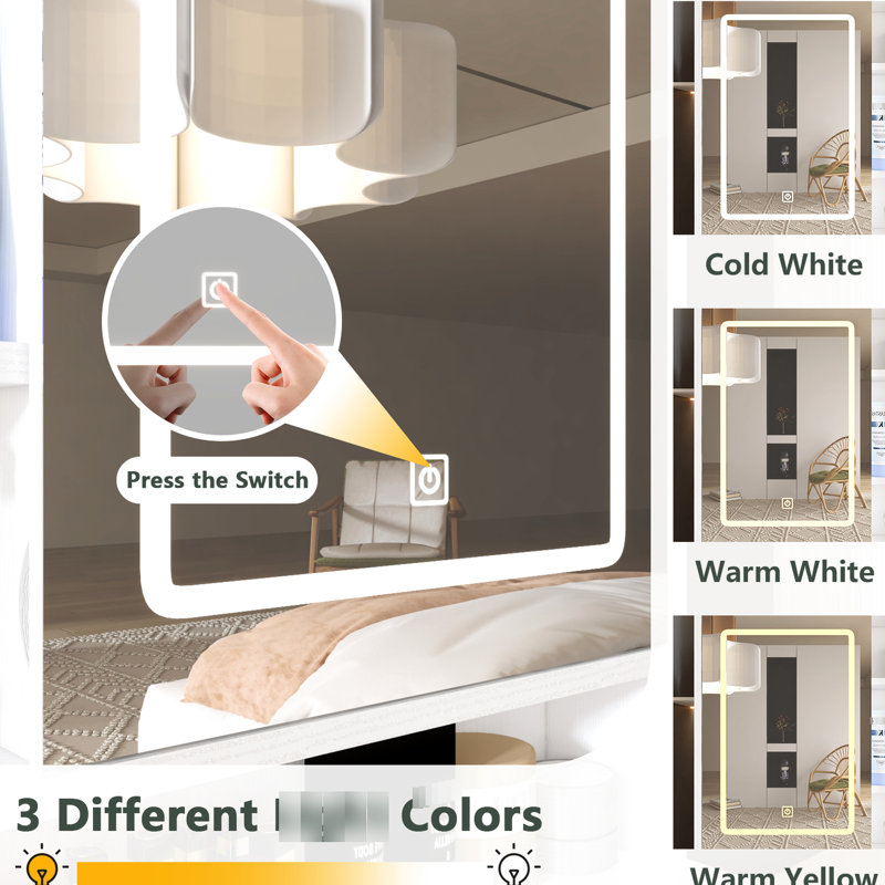 Bureau de coiffeuse éclairé 3 couleurs avec miroir ouvert, 4 tiroirs et 1 tablette d'armoire pour la chambre à coucher, maquillage blanc avec tablettes à lumières colorées, tiroirs, armoire, chambre à coucher