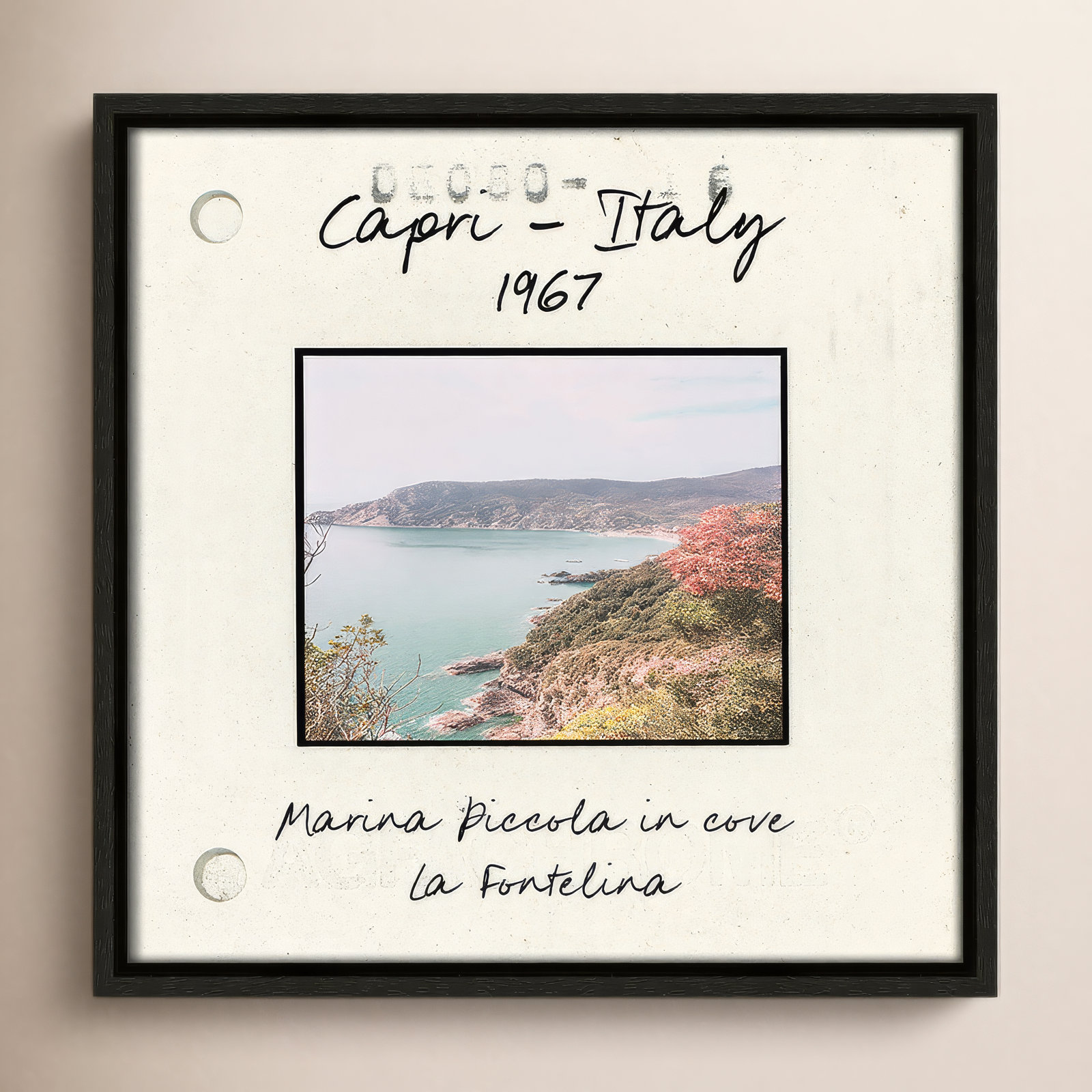 Travel Slide Collection "Capri, Italy - Marina Piccola" Print, Espresso Floater Framed Canvas, 13.5" H x 13.5" W x 2" D