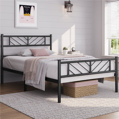 Minimalist Metal Slatted Bed Platform with Arrow Design Headboard