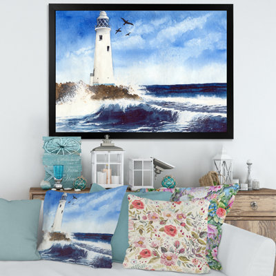 Phare sur une île rocheuse avec des mouettes - Peinture sur toile