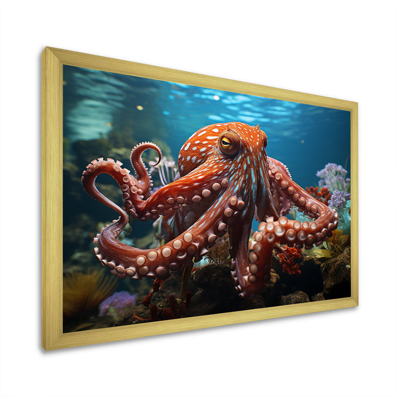 The Graceful Octopus - Décoration murale pieuvre, Cadre doré simple, H 12 po x l 20 po x P 1 po