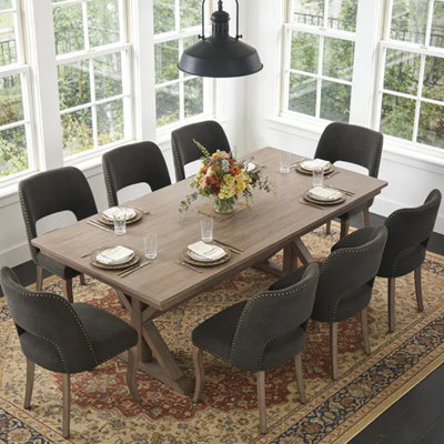 Modern Farmhouse Dining Chairs Set of 8, Solid Wood Upholstered Kitchen Chairs with Curved Backrest & Hollow-Out Design, Comfortable Fabric Seats for Dining Room, Kitchen, Breakfast Nook
