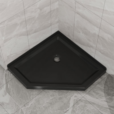 Porte de douche néo-angle 36 po x 36 po avec base de douche, cabine de douche d'angle sans cadre avec verre trempé transparent de 1/4 po, porte pivotante et base en acrylique noir mat, finition dorée