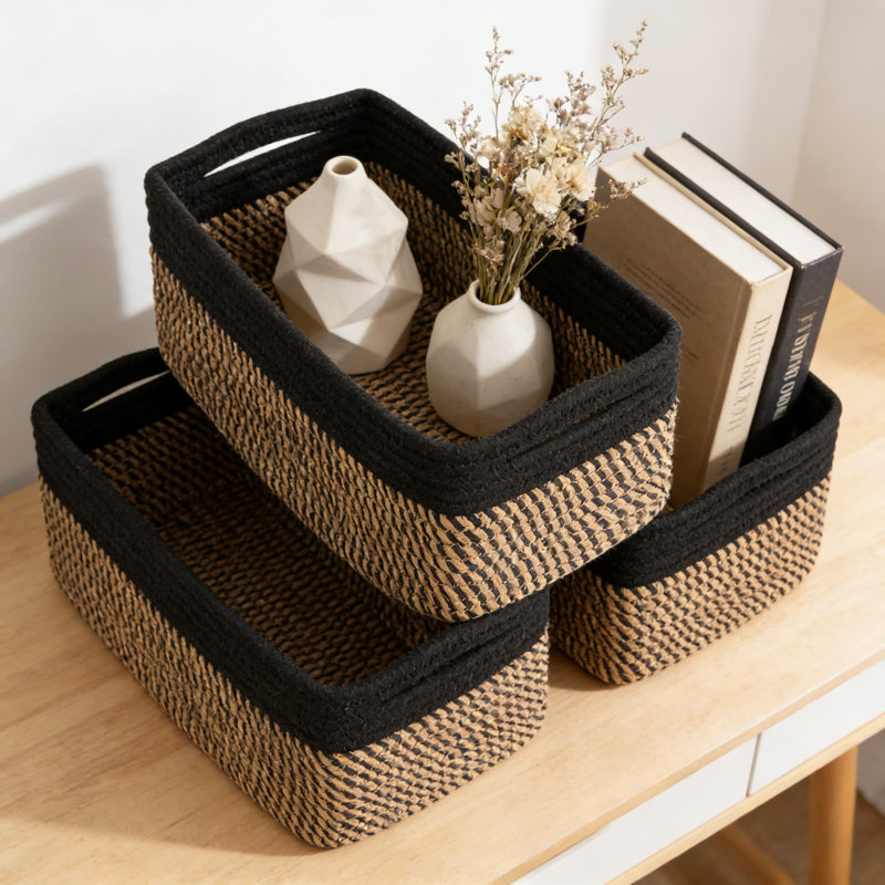 Woven Rope Storage Baskets 3-Pack, Collapsible Organizer Bins For Shelves, Closet, And Home Organization, Rectangular Decorative Baskets For Towels, Toys, And Essentials