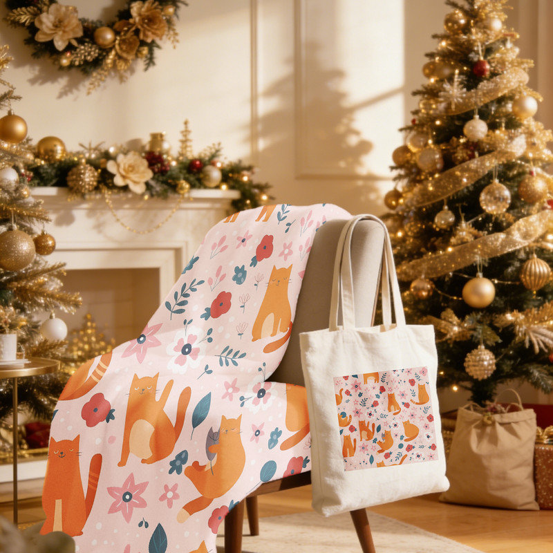 Ensemble-cadeau de Noël 2 pièces pour chat floral: couverture en flanelle 40 x 50 po + fourre-tout en toile 15,75 x 13,78 po - Paquet de décoration pour les fêtes