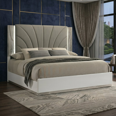 Monaco Grand Architectural LED Platform Bed with Channel-Tufted Upholstered Headboard and Gray Marble-Wing Accents