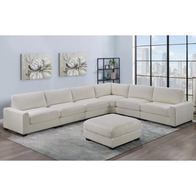 Almus Piece Corduroy Upholstered L-Shape Modular Sectional Sofa With Ottoman in , Beige Fabric