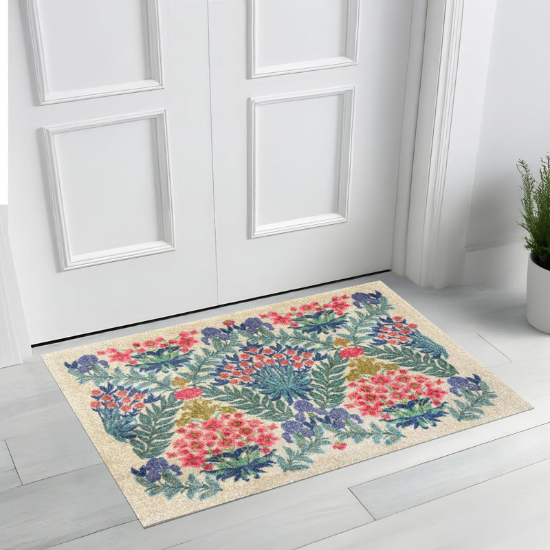 Petit tapis de sol lavable Lush Garden Sunrise, Crème/bleu, L 20 po x L 28 po