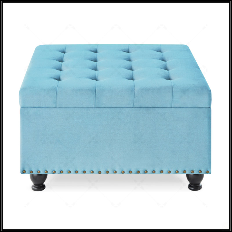 Grand repose-pieds de rangement carré avec pieds en bois, Bleu clair