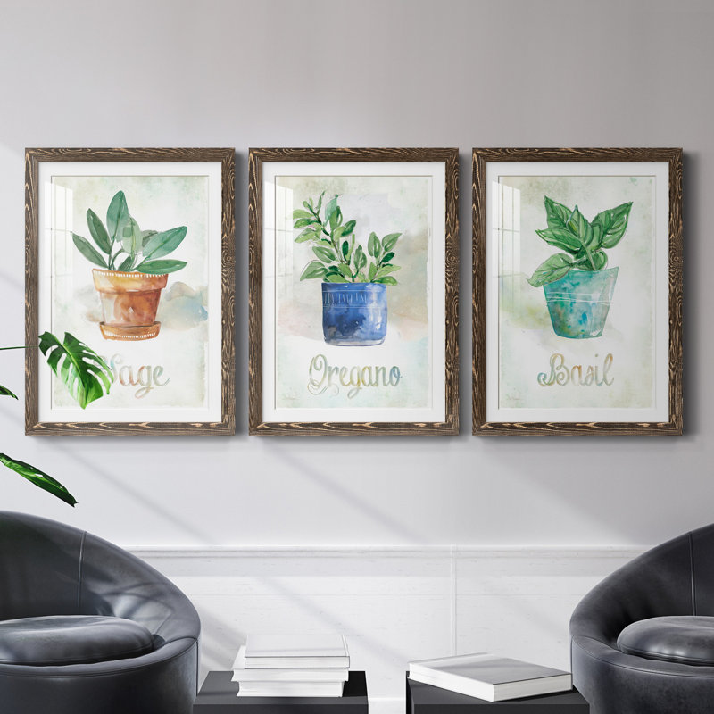 Basilic en pot - ensemble de 3 cadres photo, H 31,5 po x l 47 po x P 1,5 po, Noyer