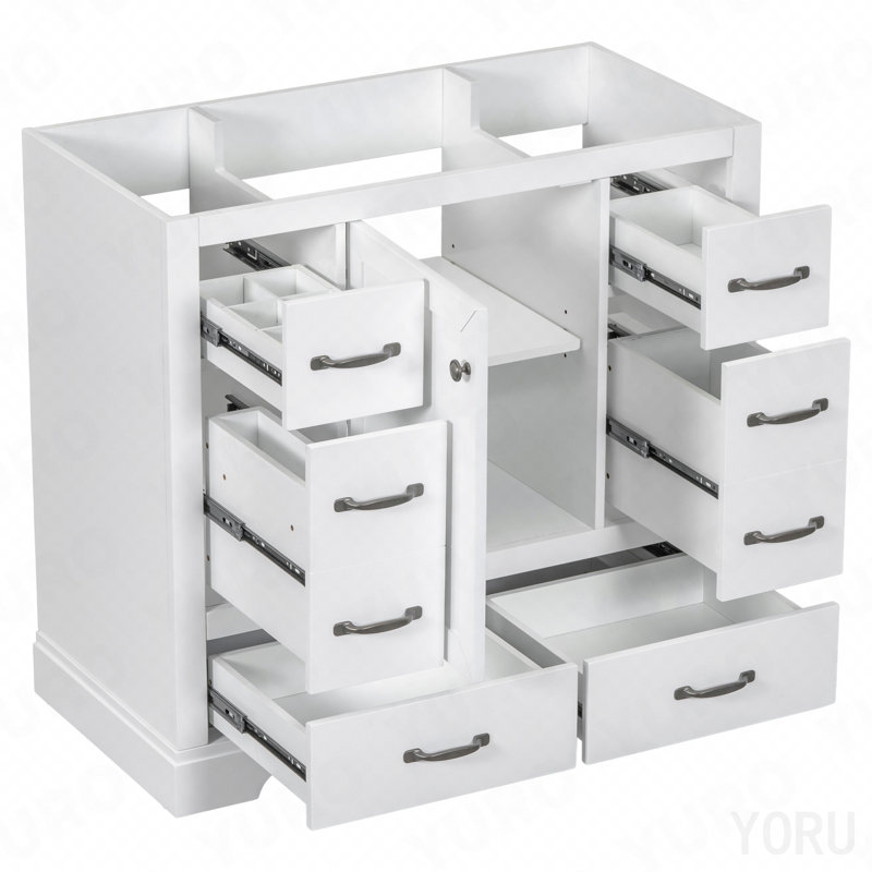 Meuble-lavabo 36 po sans lavabo, base d'armoire seulement, six tiroirs, diviseur de tiroir multifonctionnel, tablette réglable, blanc