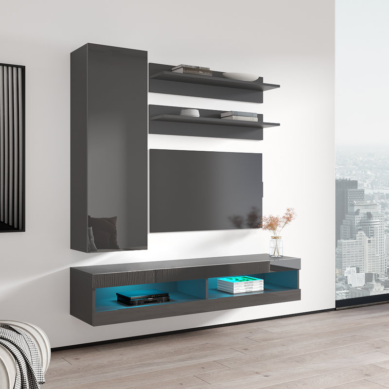Lollis 63" Modern Floating Wall Mounted Entertainment Center with 16-Color LED Lighting, High Gloss Finish, Gray