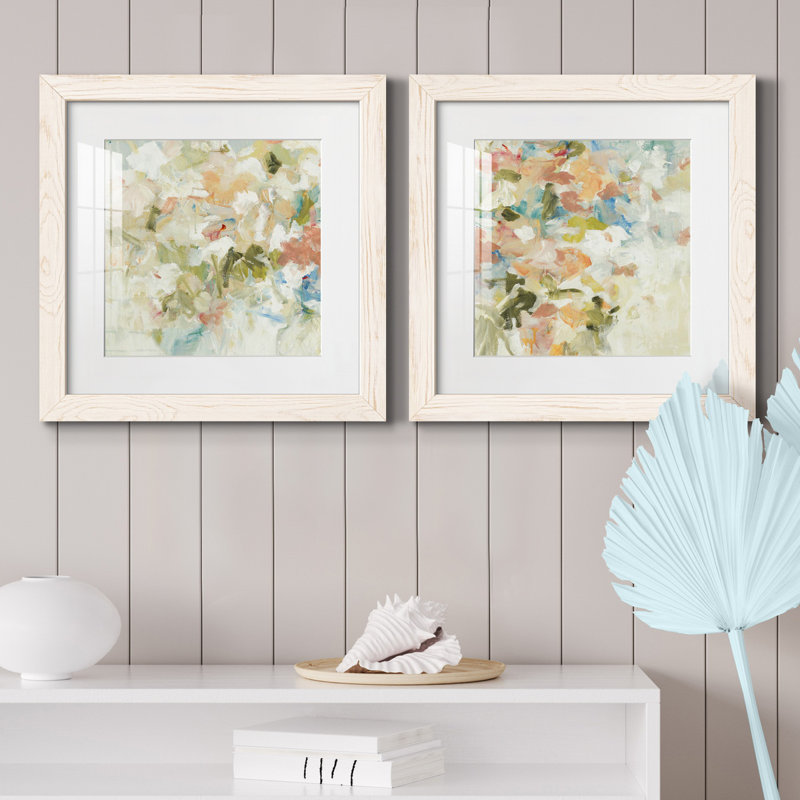 Floral Blush I - ensemble de 2 reproductions d'art sur papier, H 17 po x l 34 po x P 1,5 po, Cadre blanc