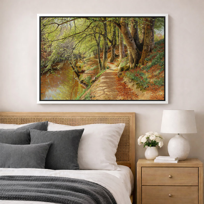 «Woodland River Path», art de la forêt ensoleillée, images de bureau dans la nature, impression sur toile encadrée.