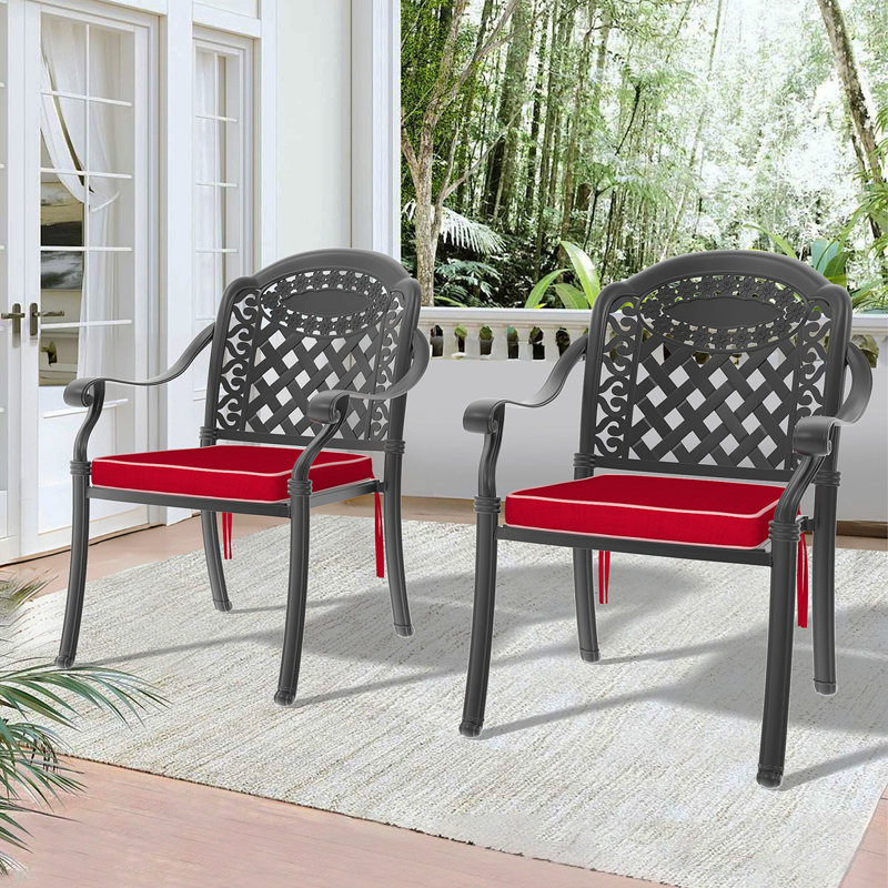 Chaise de patio en fonte d'aluminium 2 pièces avec structure noire et coussins rouges, Rouge