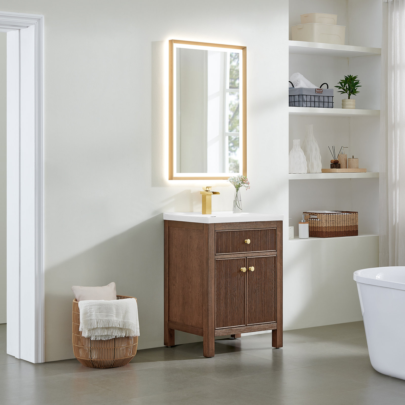 Mcpherson 24" Single Bathroom Vanity in with White Ceramic Integrated Sink with Mirror, Brown Brushed Oak