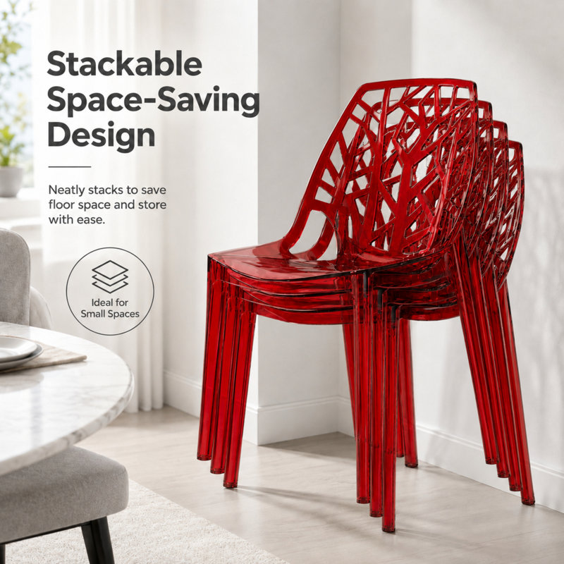 Edgington Lightweight Stacking Accent Dining Chair for Indoor & Outdoor, Transparent Red, Set of 4