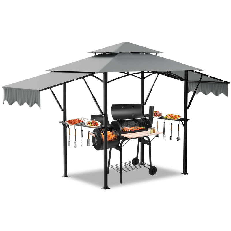Pavillon de jardin 8 pi x 5 pi avec auvent à deux niveaux, abat-jour réglable, lumières et tablettes à DEL, structure en acier noir, pavillon de patio extérieur pour barbecue, gris
