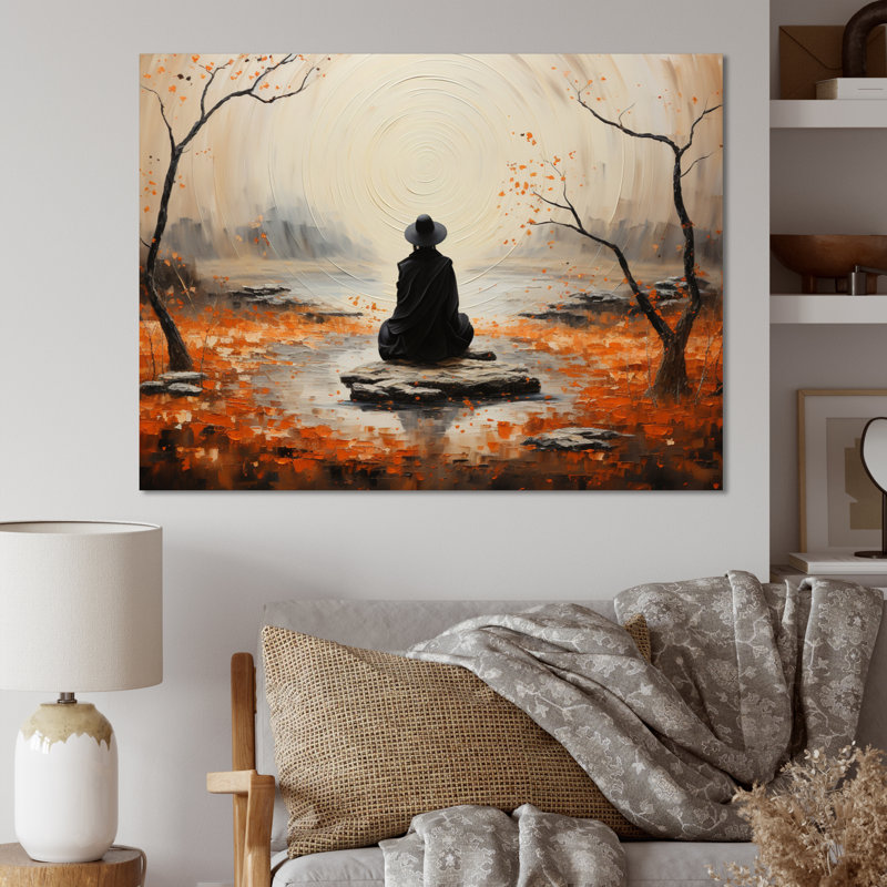 Orange gris méditation zen jardin pointillisme sur toile, H 24 po x l 32 po x P 1 po, Toile tendue
