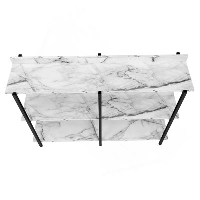 Accent Table, Console, Entryway, Narrow, Sofa, White Marble Look Laminate, Black Metal