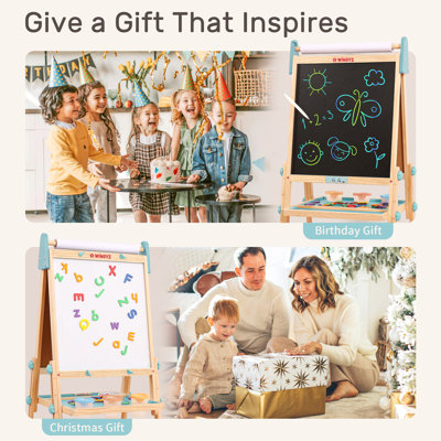 24" LCD Art Easel for Kids - Wooden Art Station for Ages 3-12 Color Drawing Tablet, Height Adjustable,Blue Light-Free Screen, Whiteboard & Paper Roll, Mess-Free Creative Gift for Home & School