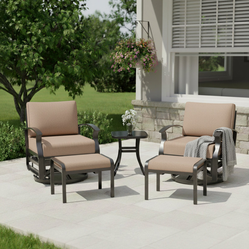 28.5" Wide Outdoor Metal Patio Glider Swivel Chair Set With Cushions & Ottomans, Tan