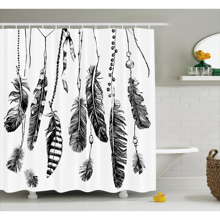 Feather Drawing Decor Shower Curtain + Hooks East Urban Home Size: 69 H x 105 W