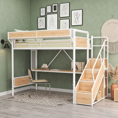 Lit mezzanine simple en métal avec bureau intégré, escalier de rangement, prise de courant, bande DEL