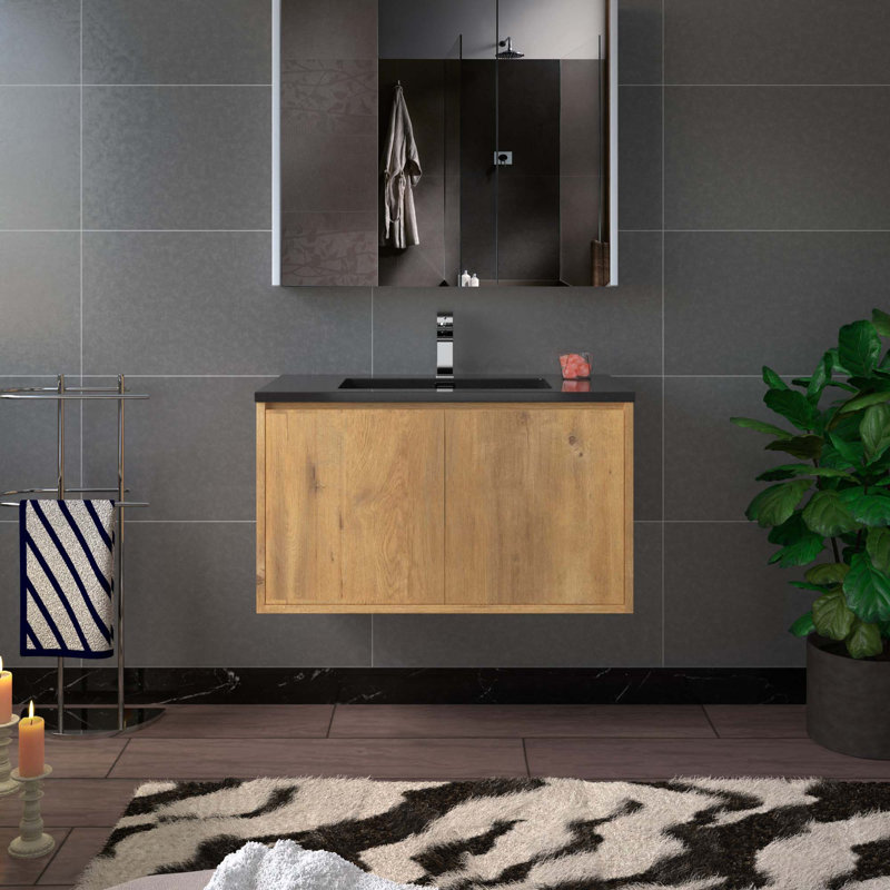 Single Bathroom Vanity, Oak, Black, 24"