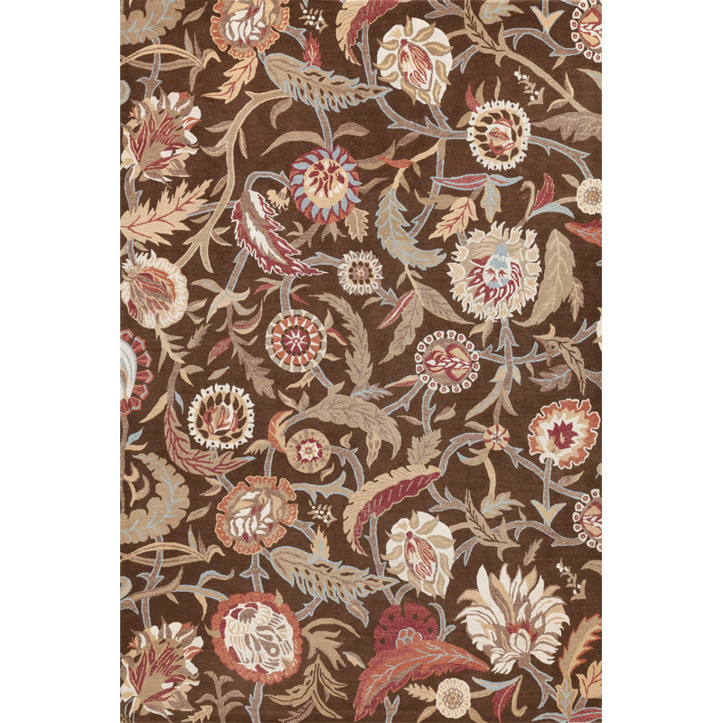 Wool Floral Area Rug in Brown, Rectangle 10' x 14'