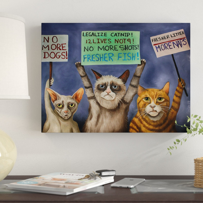 « chats on strike », reproduction de peinture à l’acrylique sur toile tendue, H 14 po x l 19 po x P 2 po