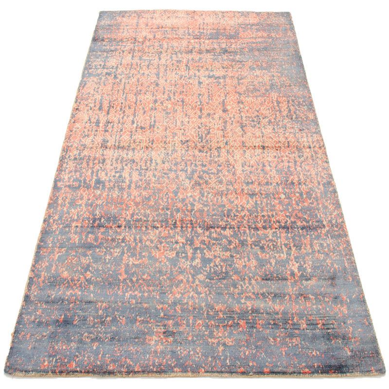 Tapis unique en viscose noué à la main bleu clair / rouge des années 2010 4 pi 11 po x 7 pi 4 po Janina