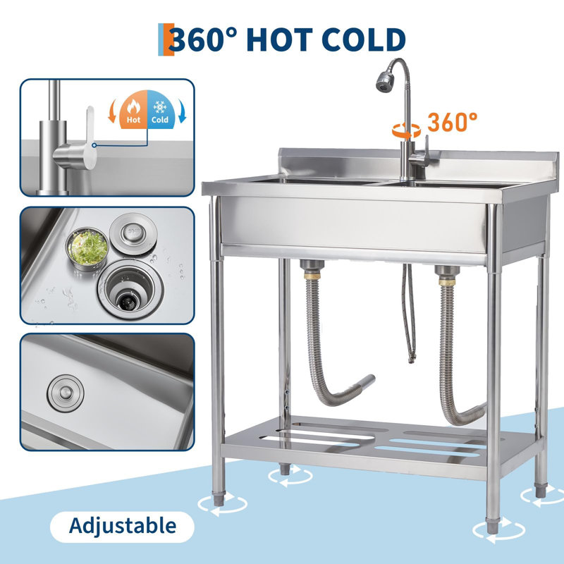 Évier utilitaire à 2 compartiments en acier inoxydable, double cuve autoportante avec robinet à 360 ° et tablette de rangement, pieds réglables