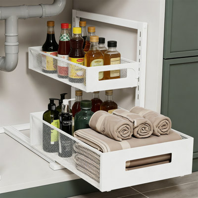 Under Sink Organizer, 2-Tier Adjustable Height, Pull-Out For Bathroom And Kitchen, White XL, 1 Pack