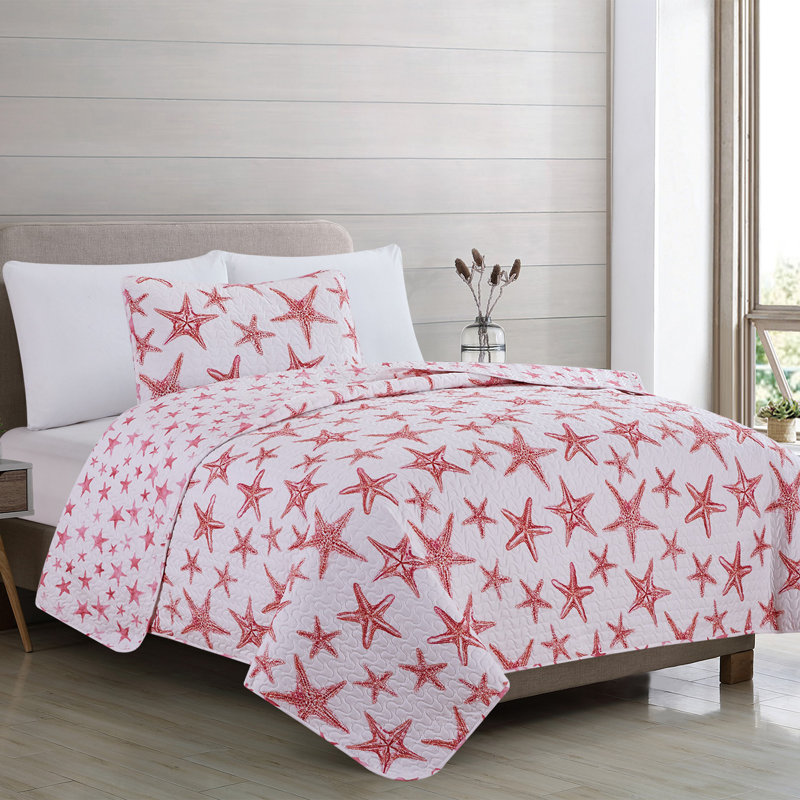 Nautical Blue Starfish Reversible Quilt Set with Shams, Full / Queen Quilt + 2 Standard Shams, Blue