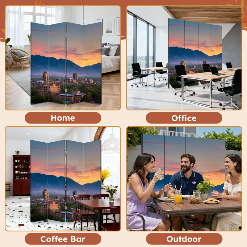 Paravent 4 panneaux à cloison pliable Royal Albuquerque Cityscape, 4, 71" H x 64" W x 1" D