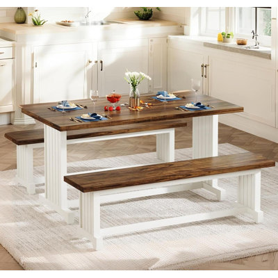 47" Farmhouse 3-Piece Dining Set for 2-4 - Rustic Wood & Metal, Space-Saving with Benches