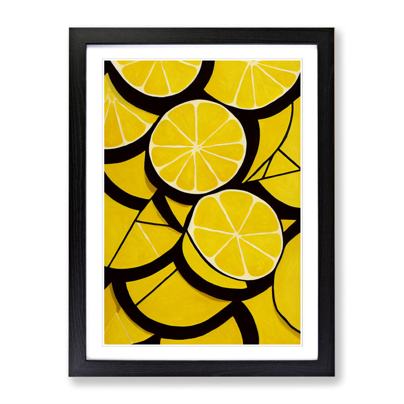 Sliced Lemon Fruit Suprematism - Single Picture Frame Print, Black, 64cm H x 46cm W x 2cm D