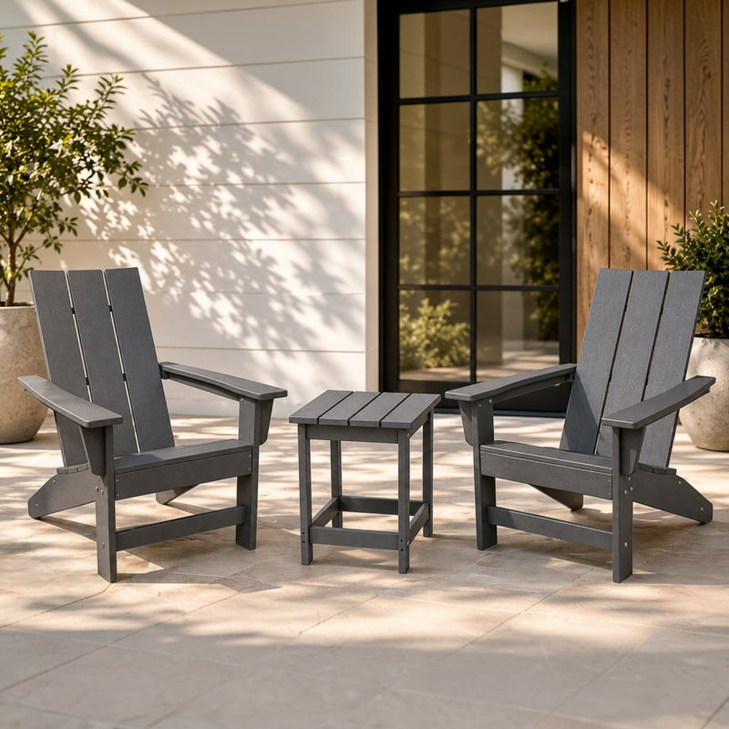 Arenijus HDPE Weather-Resistant Modern Adirondack Chair with Side Table Set, Gray