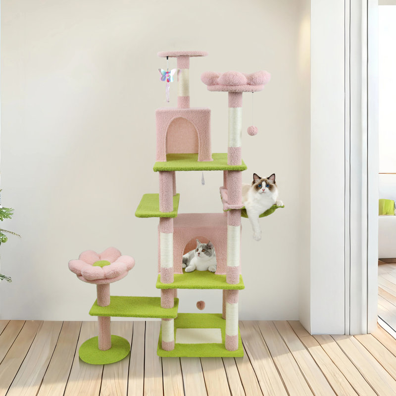 Très grand arbre à chat de 72 pouces de hauteur, structure à 8 niveaux, zones de grattage verticales, 4 arbres à félin actifs à motif de fleurs roses avec coussin amovible et un rectangle unique, offrant votre luxe