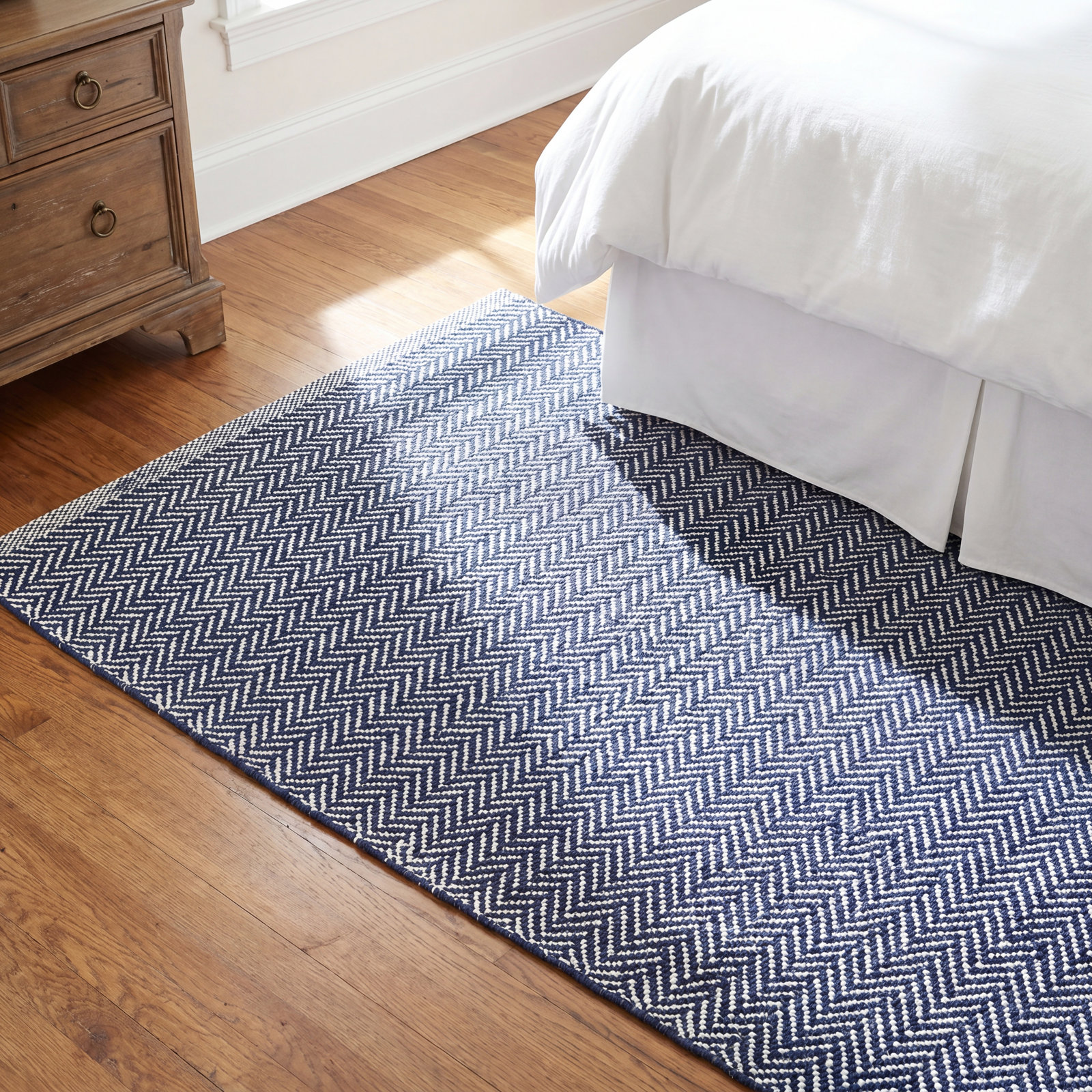 Herringbone Indigo White Indoor Outdoor Rug, Rectangle 9'6" x 13'6"