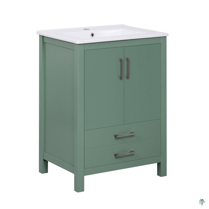 Meuble-lavabo 24 po avec lavabo en céramique, poignées argentées, portes à fermeture douce