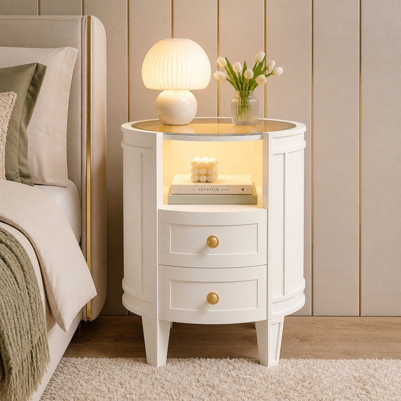 2-Drawer Nightstand with LED Light and Glass Tabletop