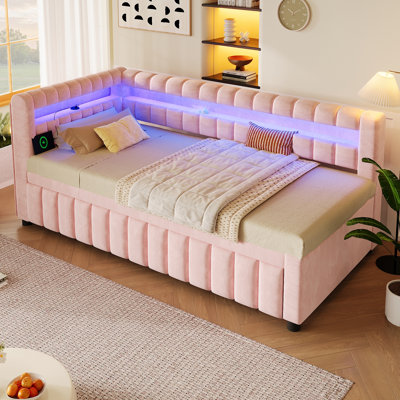 Lit simple tapissier Charnley avec lumières DEL, USB et lit gigogne
