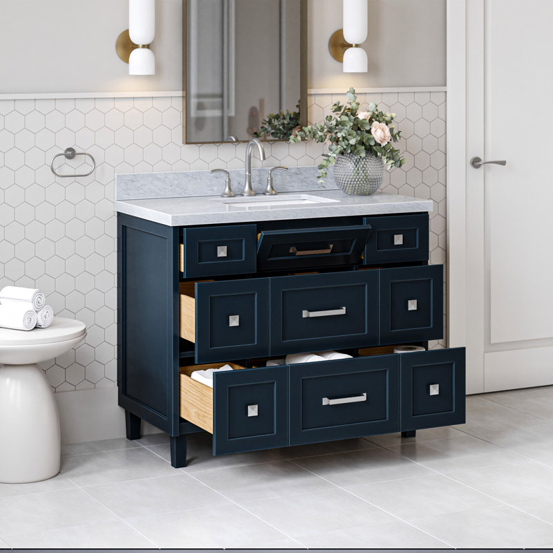 Ariel Monroe 43 Inch Single Rectangular Sink Bathroom Vanity With Italian Carrara Marble Countertop, Midnight Blue