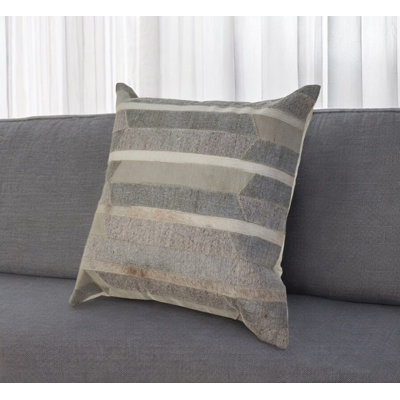 20" Beige Gray and Ivory Striped Wool and Faux Hide Throw Pillow Cover